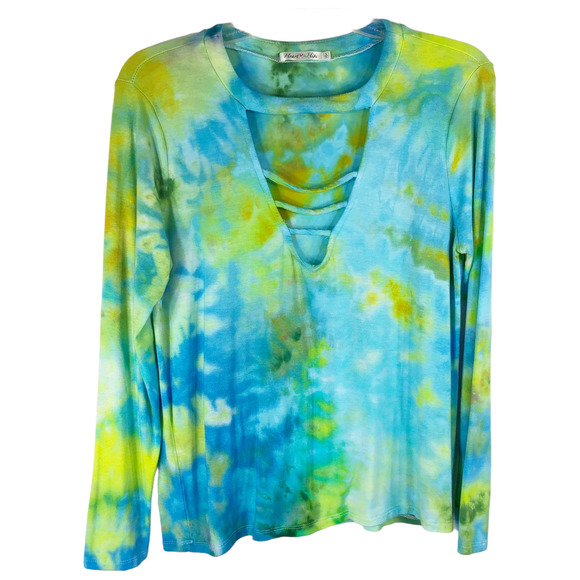 Heart Hips Large Top Handmade Tie Dye Sea Sprite Blue Green Strappy V Neck 1010 - Picture 1 of 7